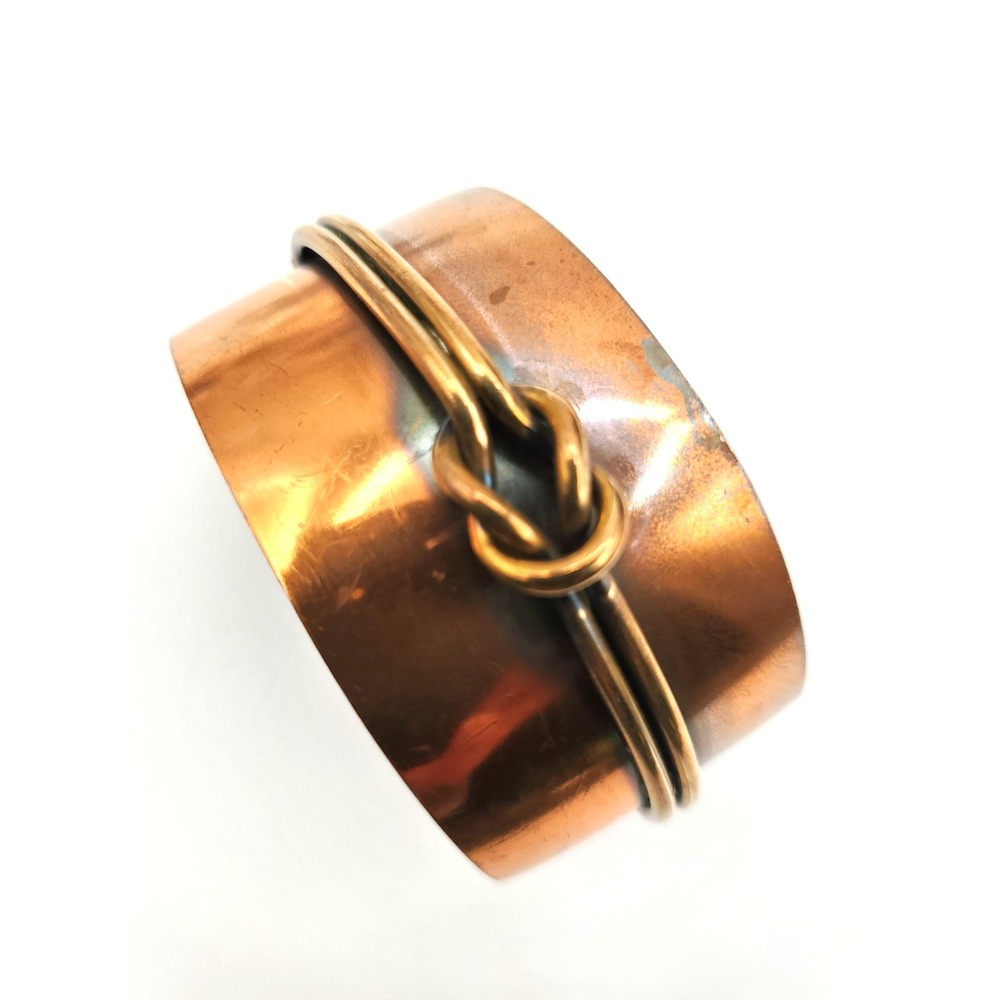 Vintage Genuine Copper Modernist Cuff Bracelet Brass Knot Accent